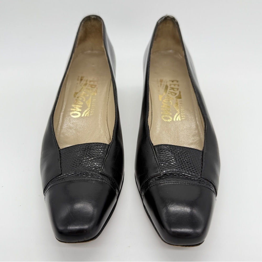 Salvatore Ferragamo Black Leather Low Heel Square Toe Pumps Designer Shoes Sz 6
